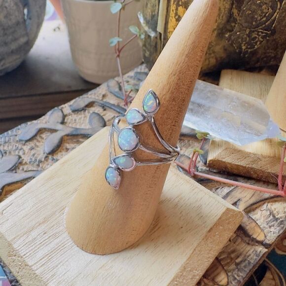 Sterling Silver Lab Opal Ring Size 8 - Picture 3 of 5